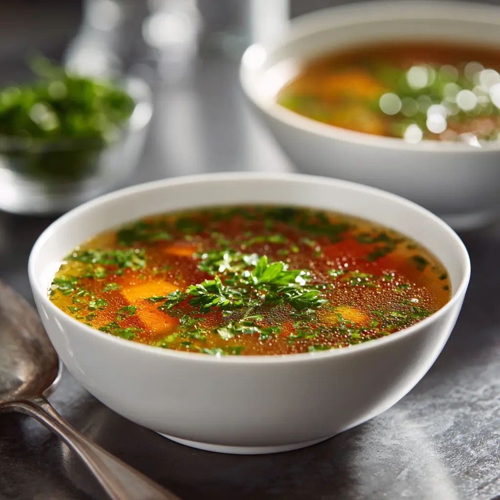 A steaming bowl of lentil and veggie broth soup with fresh herbs.