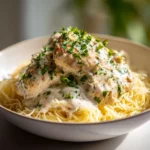 Slow cooker Angel Chicken with creamy sauce over pasta, topped with fresh herbs