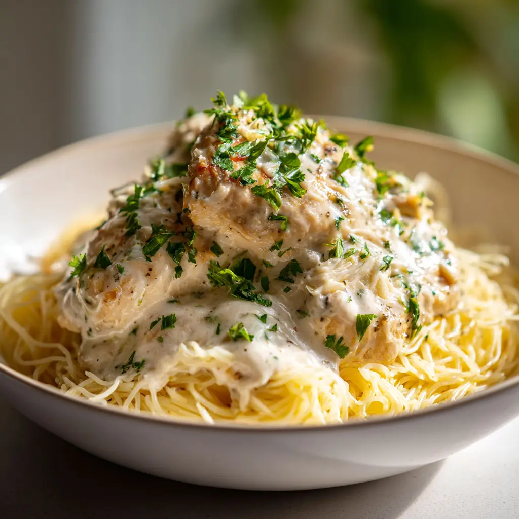 Slow cooker Angel Chicken with creamy sauce over pasta, topped with fresh herbs