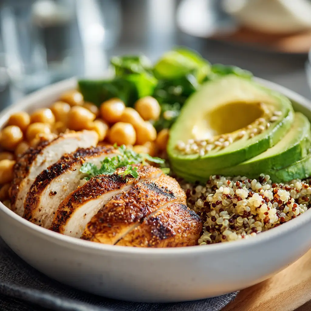 High protein chicken quinoa salad bowl with avocado and veggies.