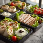 High protein chicken wraps and veggie box ready in 10 minutes for work lunch meal prep.
