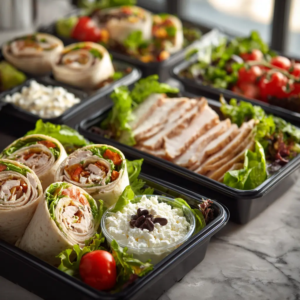High protein chicken wraps and veggie box ready in 10 minutes for work lunch meal prep.