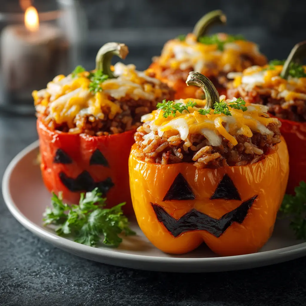 Halloween stuffed bell peppers carved like Jack-O’-Lanterns with beef and rice.