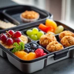 Bright bento lunch with fruit, cheese, and chicken bites in a colorful divided box.