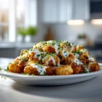 Crispy loaded tater tot nachos topped with sour cream, chives, cheese, and savory beef.