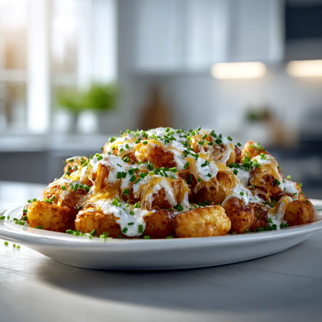 Crispy loaded tater tot nachos topped with sour cream, chives, cheese, and savory beef.