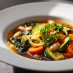 Bright minestrone longevity soup bowl filled with beans, zucchini, and kale in natural light.