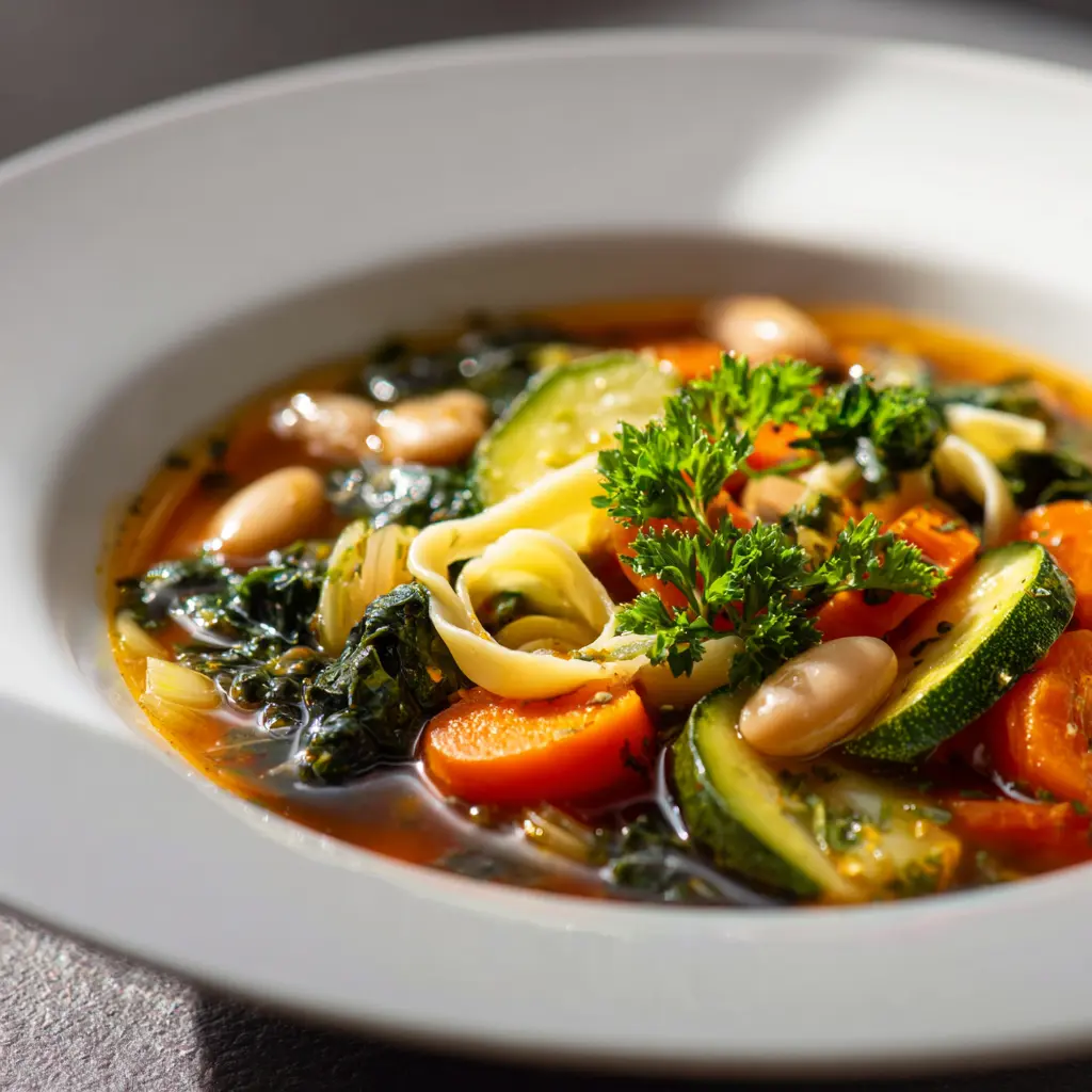 Bright minestrone longevity soup bowl filled with beans, zucchini, and kale in natural light.