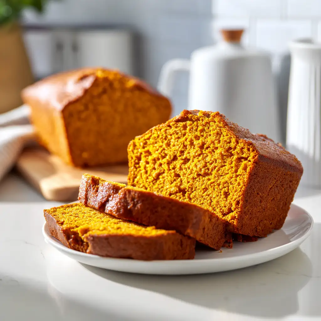 Pumpkin bread with applesauce and chocolate chips, sliced on a white plate