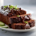 Chocolate zucchini bread slice with walnuts and melted chocolate chips on top.