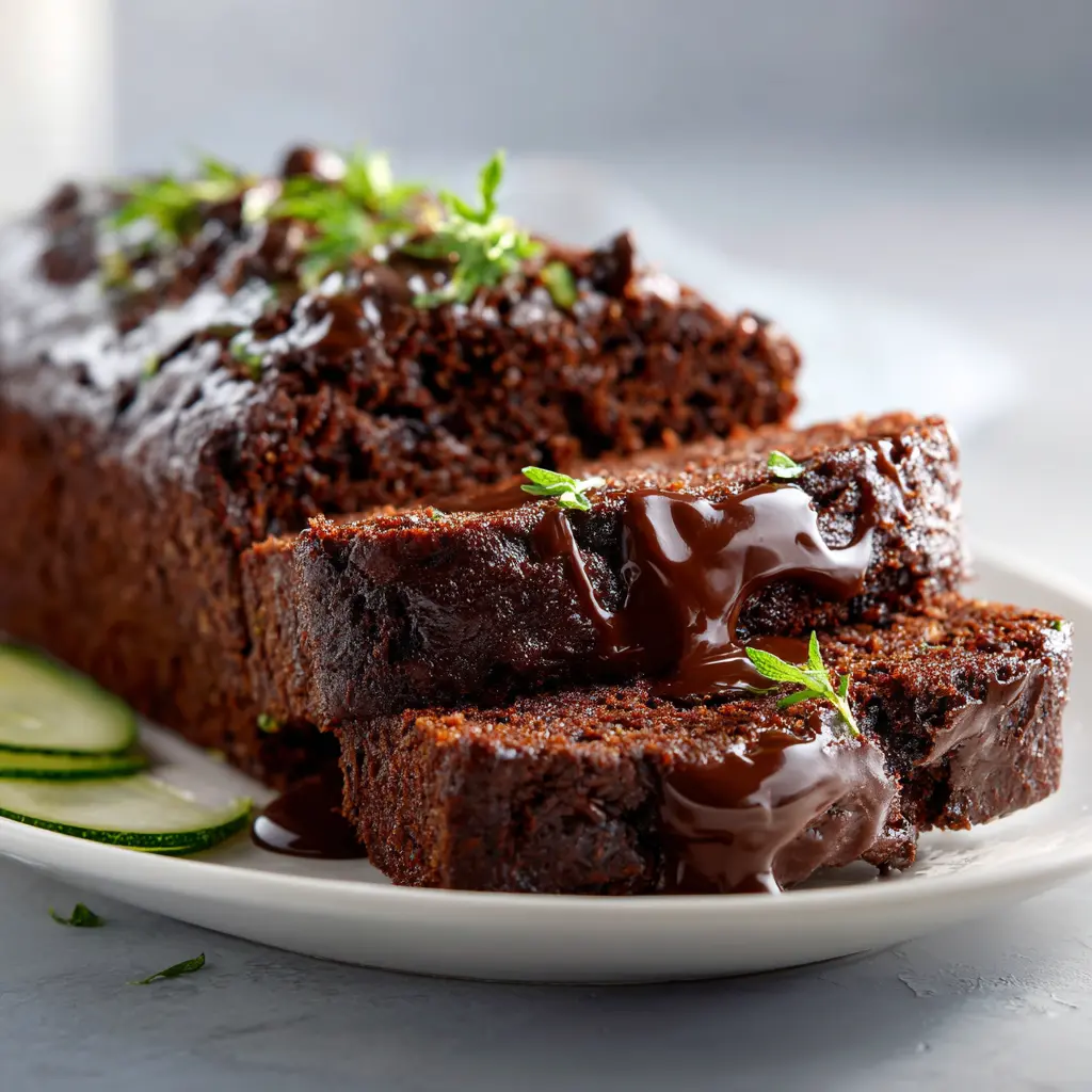 Chocolate zucchini bread slice with walnuts and melted chocolate chips on top.