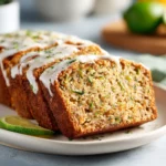 Zucchini bread slice topped with butter on a plate, warm and fluffy.