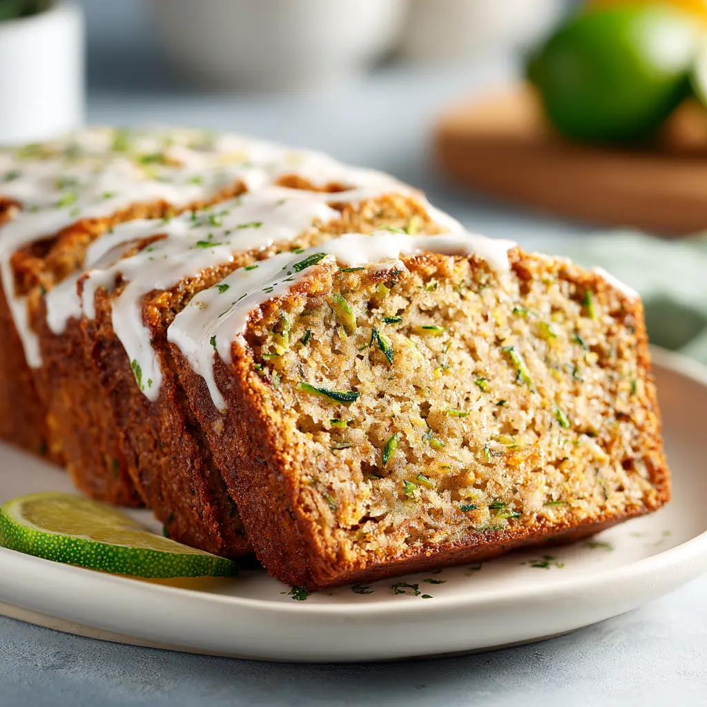 Zucchini bread slice topped with butter on a plate, warm and fluffy.