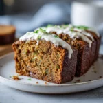 Moist zucchini bread with chocolate chips, sliced and served warm on a plate.