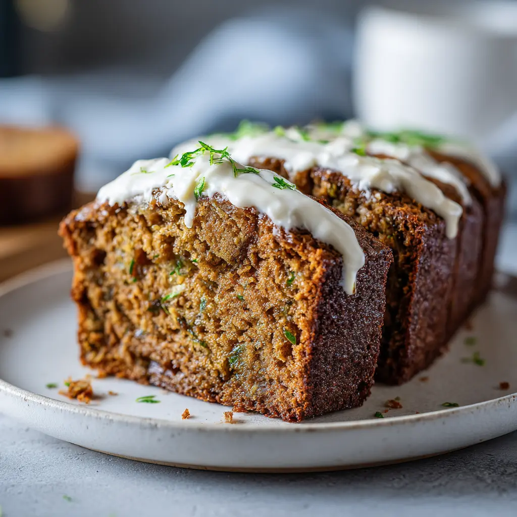 Moist zucchini bread with chocolate chips, sliced and served warm on a plate.