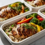 Family-style Sunday meal prep with chicken, rice, and vegetables portioned into containers for the week.