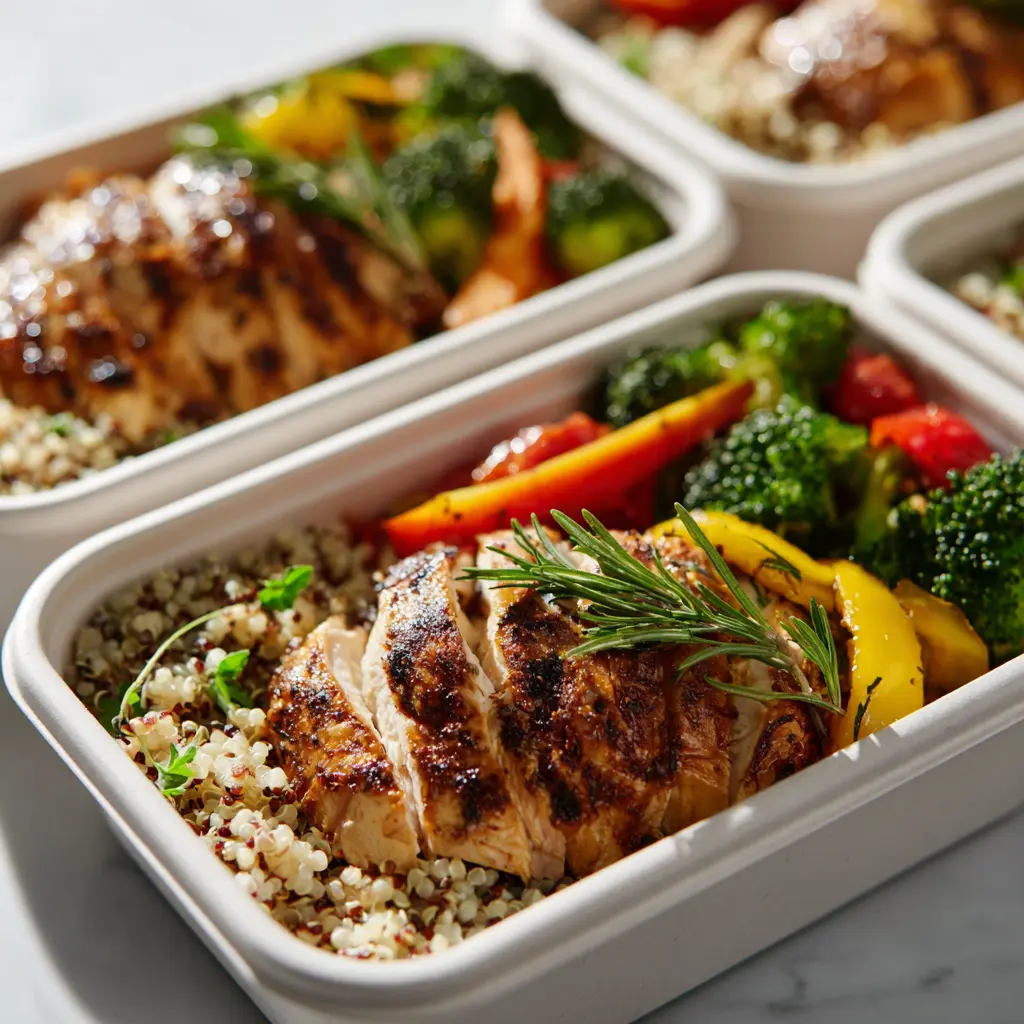 Family-style Sunday meal prep with chicken, rice, and vegetables portioned into containers for the week.