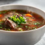Healing beef broth soup with vegetables, nutrient-dense and Whole 30 friendly wellness recipe.
