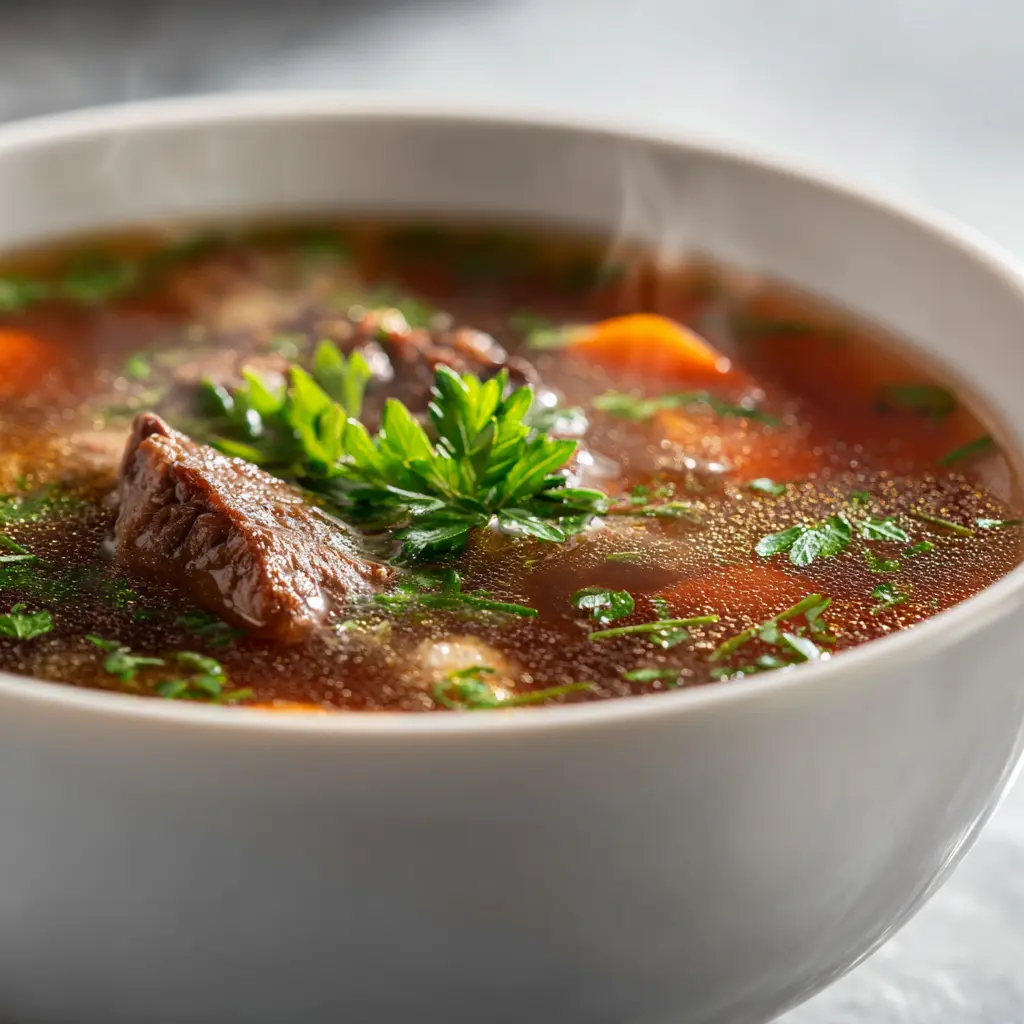Healing beef broth soup with vegetables, nutrient-dense and Whole 30 friendly wellness recipe.