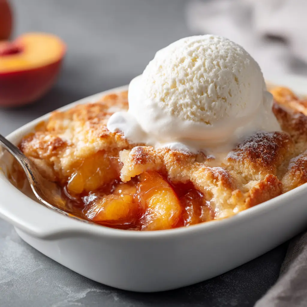 Peach cobbler in a white dish with ice cream melting on top.