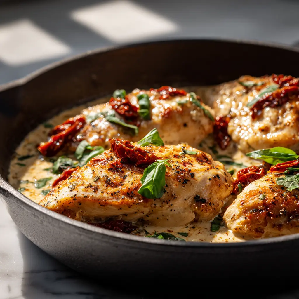 Crock pot marry me chicken with pasta topped with fresh herbs.