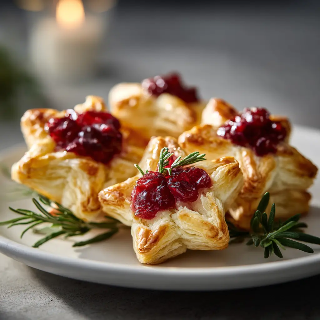 Puff pastry cranberry cream cheese stars topped with cranberry sauce and herbs on a white plate.
