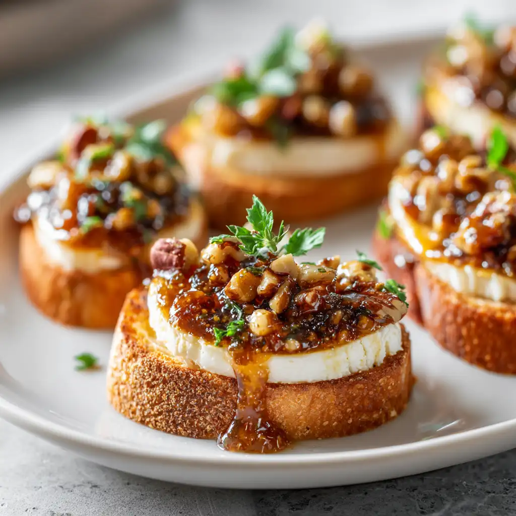 Close-up of pumpkin butter & brie crostini with pecan crunch, perfect Thanksgiving finger food.