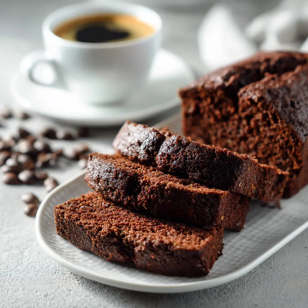 Close-up of chocolate zucchini bread with walnuts on a modern white plate.