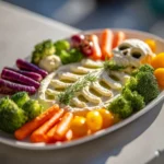Halloween veggie skeleton platter with hummus dip made from colorful fresh vegetables arranged into a spooky skeleton.