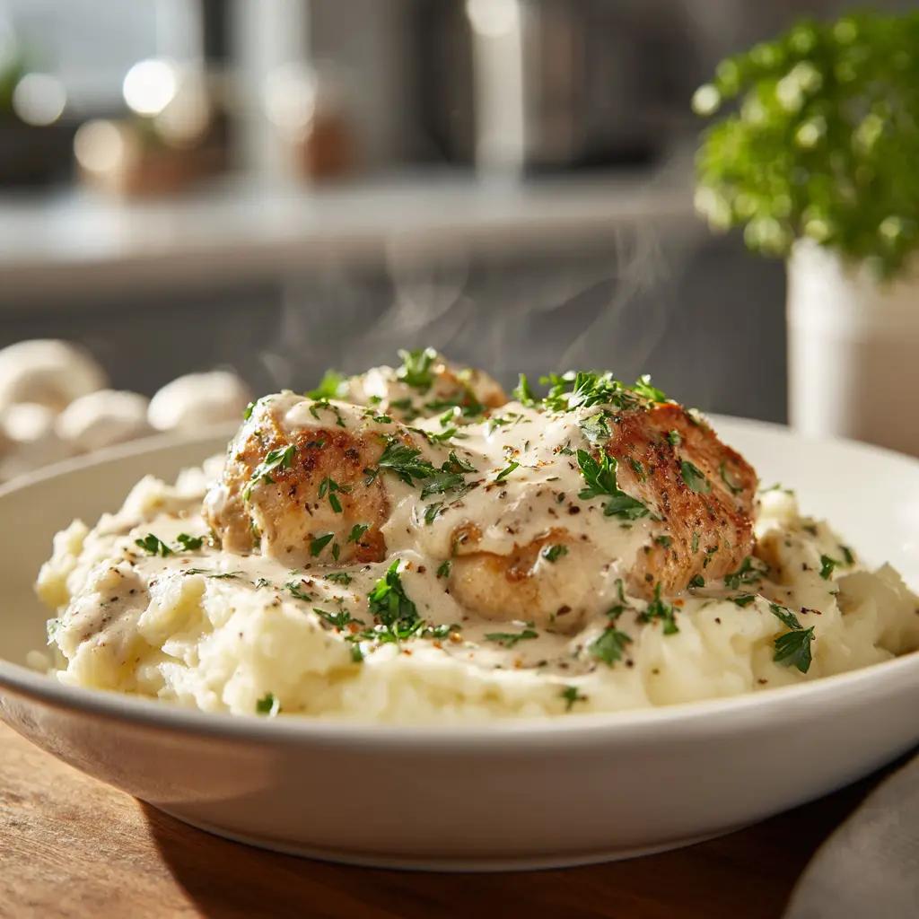 Creamy ranch chicken shredded in crockpot with parsley garnish.