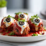 Spooky Bloody Eyeball Meatballs with mozzarella centers and olive pupils, served with marinara for a gory Halloween effect.