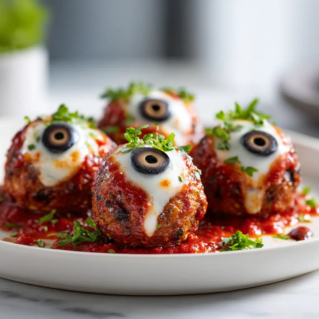 Spooky Bloody Eyeball Meatballs with mozzarella centers and olive pupils, served with marinara for a gory Halloween effect.