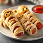 Spooky Mummy Hot Dogs with Mustard Eyes 1 Halloween mummy hot dogs wrapped in golden dough with mustard eyes.