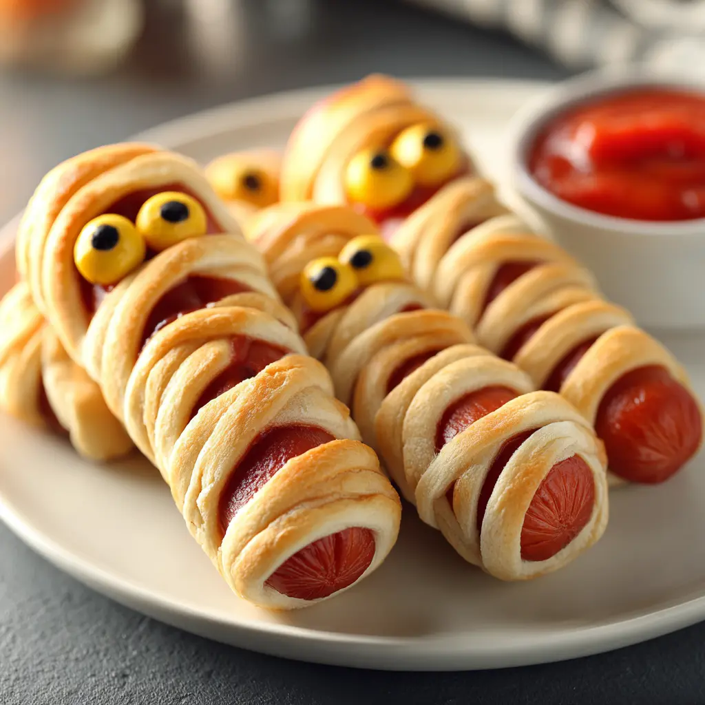 Halloween mummy hot dogs wrapped in golden dough with mustard eyes.