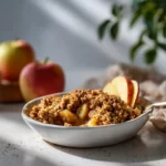Warm apple crisp with golden oat topping sweetened naturally with honey, served in a white dish.