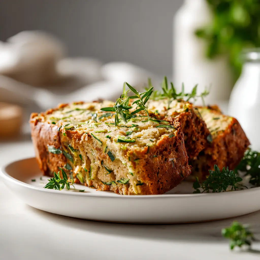 Close-up of zucchini bread with fresh herbs, golden crust, and tender slices on a picnic table.