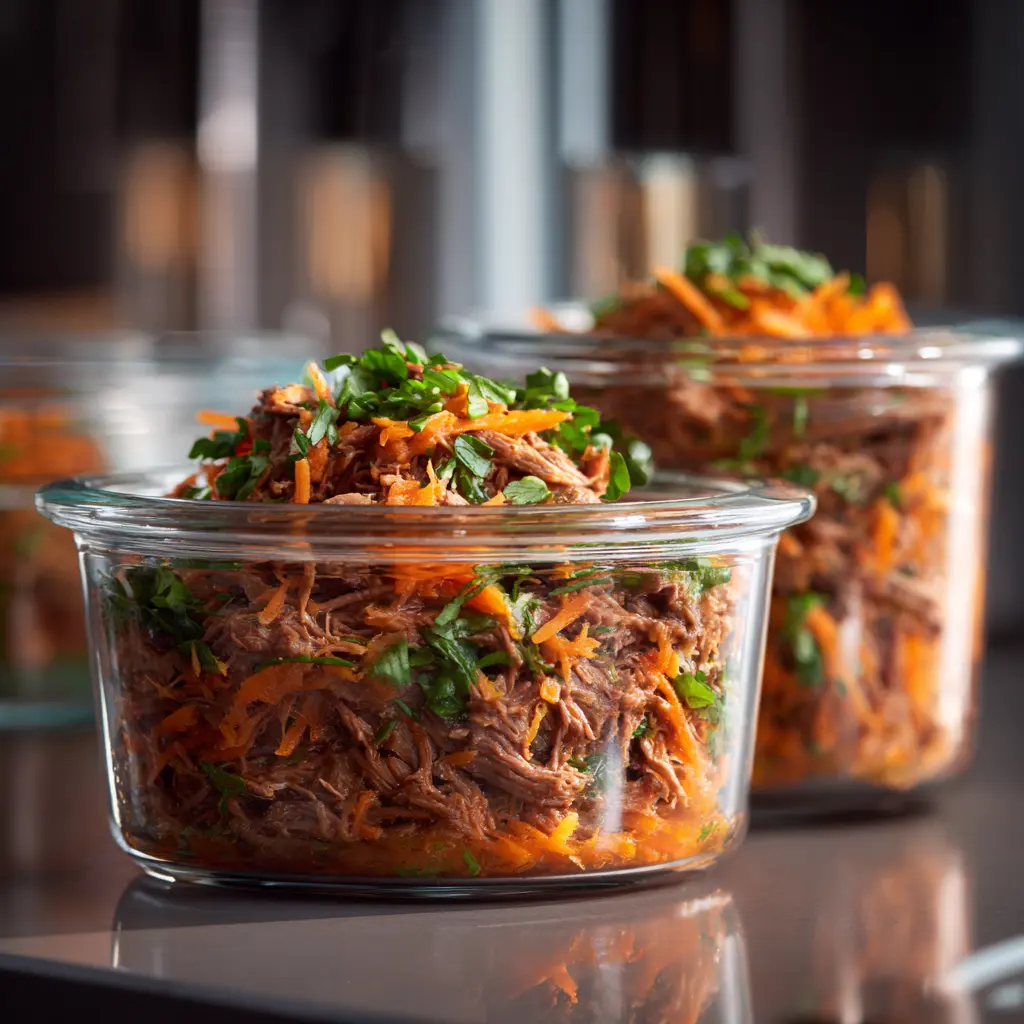Slow cooker lamb served over rice with herbs in modern kitchen meal prep style.
