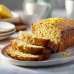 Close-up of blueberry lemon zucchini loaf, moist texture with fresh lemon glaze.