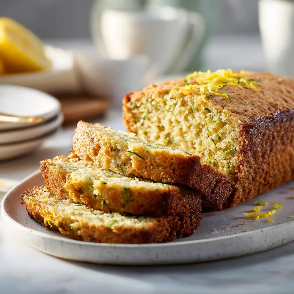 Close-up of blueberry lemon zucchini loaf, moist texture with fresh lemon glaze.
