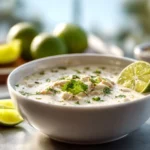 Creamy white chicken chili in a bowl with cilantro garnish.