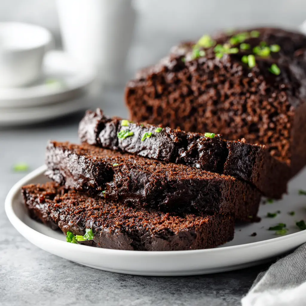 Vegan chocolate zucchini bread with walnuts and melty chocolate chips, sliced on a modern plate.