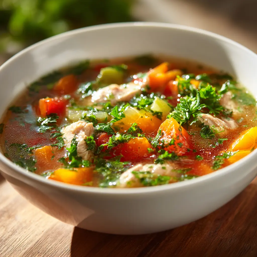Colorful turkey vegetable soup with zucchini, carrots, and spinach in a white ceramic bowl.