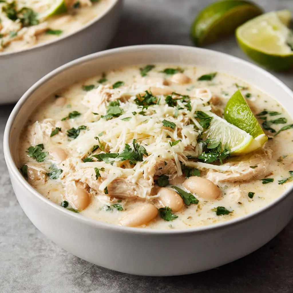 Creamy white chicken chili topped with fresh cilantro and cheese in a clean white bowl.