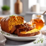 Close-up of moist whole wheat pumpkin bread with honey, sliced on a modern white plate with golden crust.