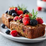 Whole wheat zucchini bread with berries sliced on a plate, golden crust with colorful berry specks.