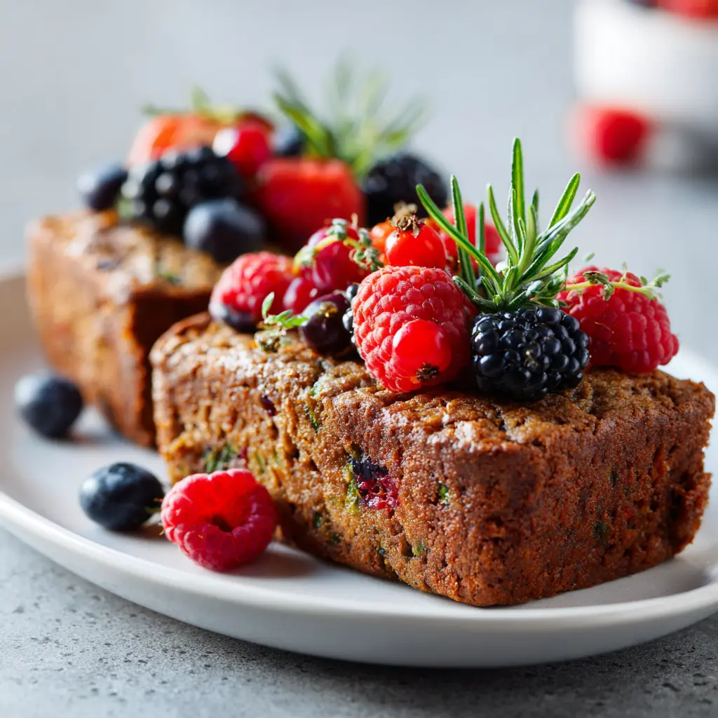 Whole wheat zucchini bread with berries sliced on a plate, golden crust with colorful berry specks.