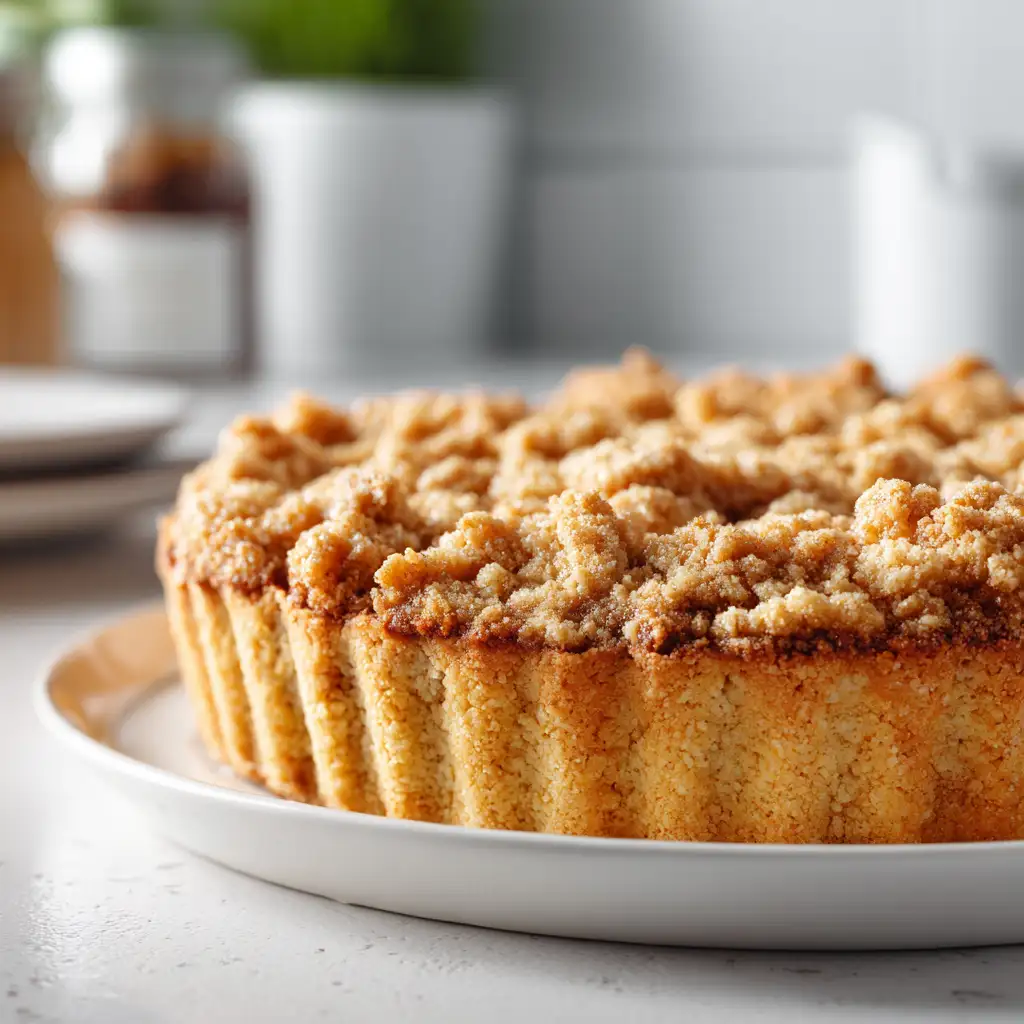 Warm Apple Crumble Pie with Buttery Crust served on a white plate, golden crumb topping, cozy lighting, and flaky crust perfection.