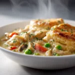 Ultra-realistic close-up of Classic Crockpot Chicken Pot Pie with Vegetables featuring tender chicken and mixed veggies in creamy sauce, bright natural light.