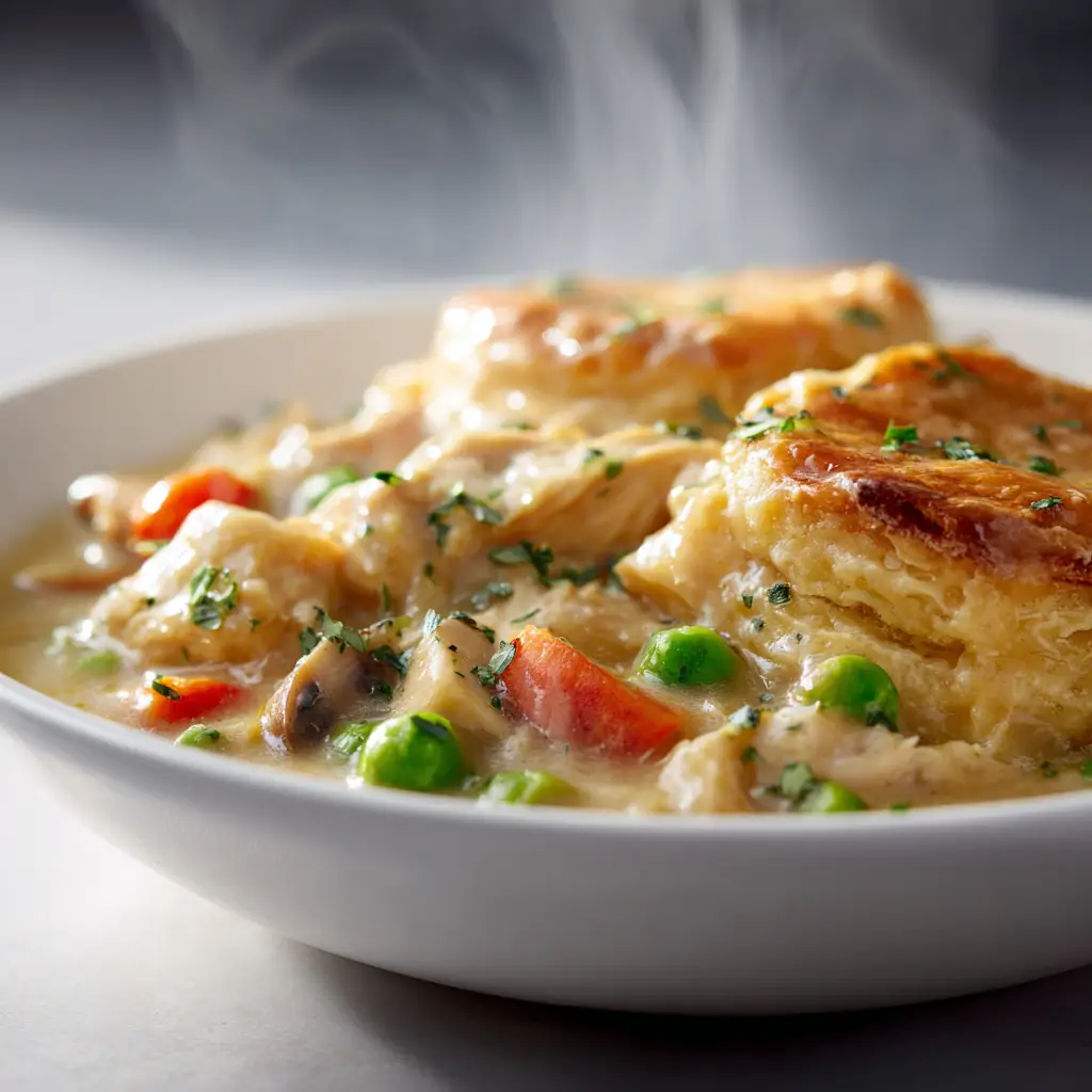 Ultra-realistic close-up of Classic Crockpot Chicken Pot Pie with Vegetables featuring tender chicken and mixed veggies in creamy sauce, bright natural light.