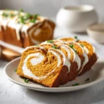 Ultra-moist Cream Cheese Swirled Pumpkin Bread loaf with creamy swirl, perfect for fall baking and pumpkin desserts.